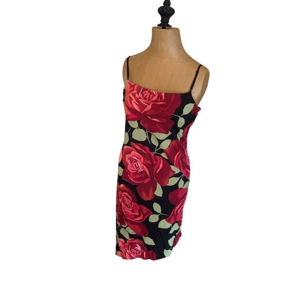 VTG Dress Y2K High-Low MIDI Spaghetti Strap Black Red Floral Sz M Goth Grunge - Picture 4 of 16